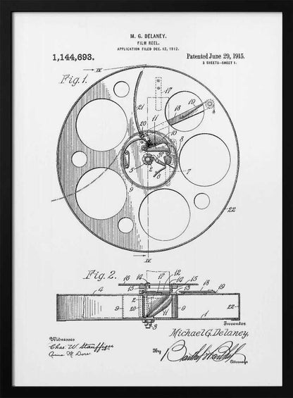 A framed black and white patent illustration for a film reel by M. G. Delaney, patented on June 29, 1915. The technical drawing shows a top view and a cross-section of the film reel, complete with part numbers, inventor's signature, and patent information. Poster