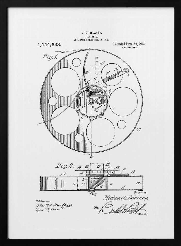 A framed black and white patent illustration for a film reel by M. G. Delaney, patented on June 29, 1915. The technical drawing shows a top view and a cross-section of the film reel, complete with part numbers, inventor's signature, and patent information. Poster