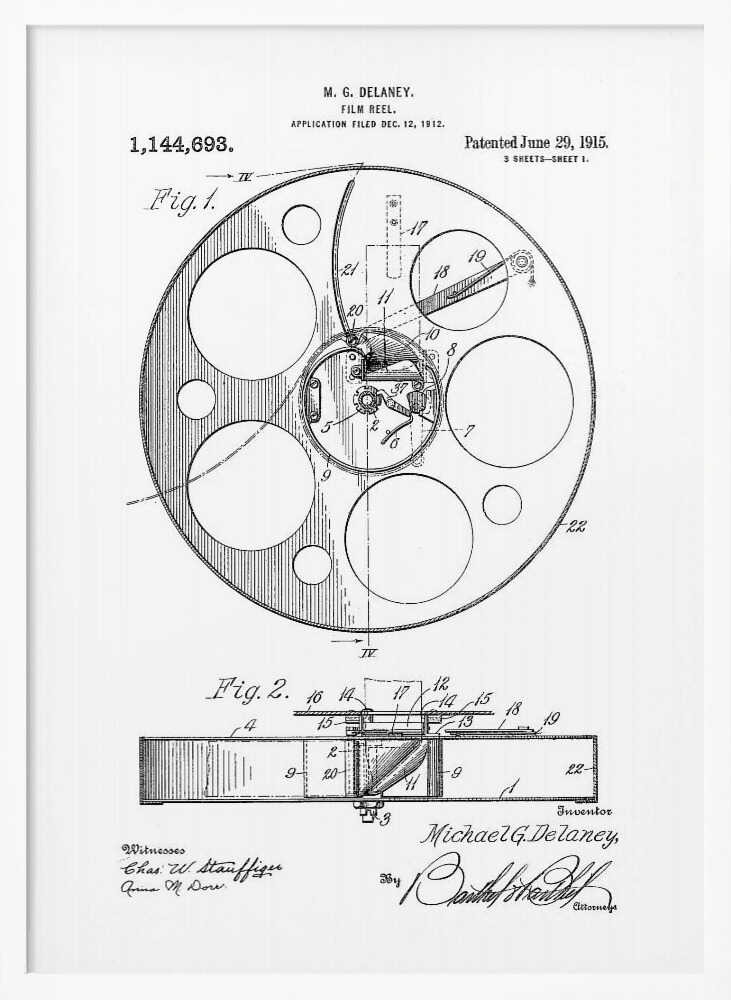 A framed black and white patent illustration for a film reel by M. G. Delaney, patented on June 29, 1915. The technical drawing shows a top view and a cross-section of the film reel, complete with part numbers, inventor's signature, and patent information. Poster