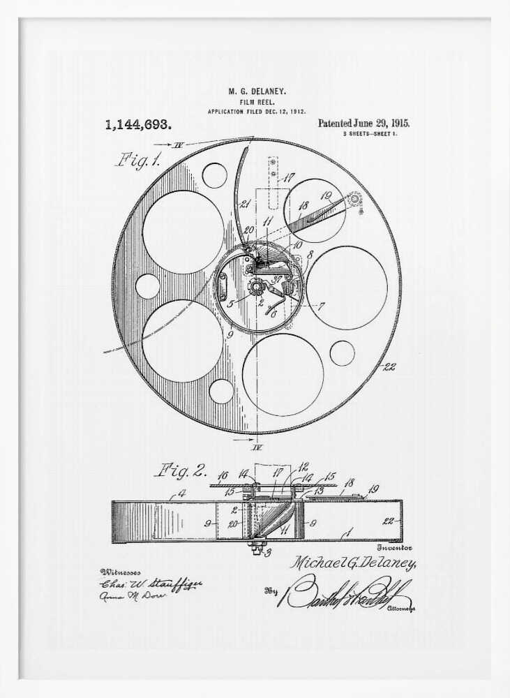 A framed black and white patent illustration for a film reel by M. G. Delaney, patented on June 29, 1915. The technical drawing shows a top view and a cross-section of the film reel, complete with part numbers, inventor's signature, and patent information. Poster