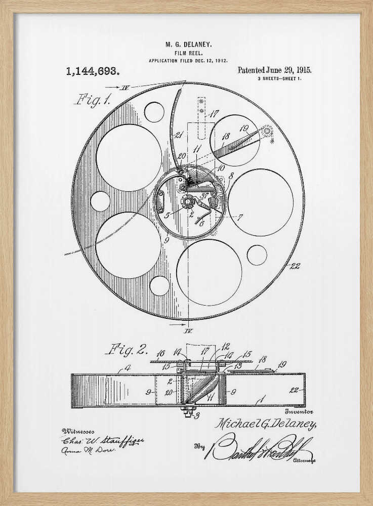 A framed black and white patent illustration for a film reel by M. G. Delaney, patented on June 29, 1915. The technical drawing shows a top view and a cross-section of the film reel, complete with part numbers, inventor's signature, and patent information. Poster