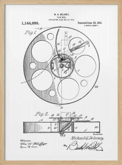 A framed black and white patent illustration for a film reel by M. G. Delaney, patented on June 29, 1915. The technical drawing shows a top view and a cross-section of the film reel, complete with part numbers, inventor's signature, and patent information. Poster