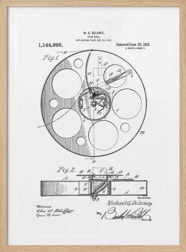 A framed black and white patent illustration for a film reel by M. G. Delaney, patented on June 29, 1915. The technical drawing shows a top view and a cross-section of the film reel, complete with part numbers, inventor's signature, and patent information. Poster
