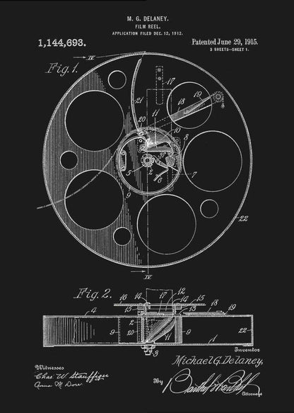A framed black and white patent illustration for a film reel, invented by M. G. Delaney in 1912. The drawing, presented as a negative image with white lines on a black background, shows detailed schematics of the reel's mechanism from a top-down view (Fig. 1) and a cross-section (Fig. 2). Poster