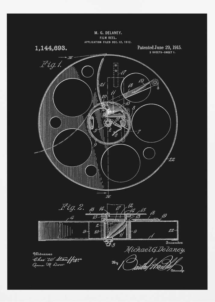 A framed black and white patent illustration for a film reel, invented by M. G. Delaney in 1912. The drawing, presented as a negative image with white lines on a black background, shows detailed schematics of the reel's mechanism from a top-down view (Fig. 1) and a cross-section (Fig. 2). Poster