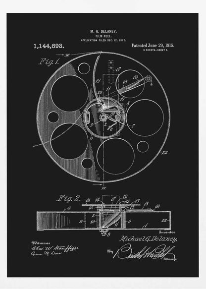 A framed black and white patent illustration for a film reel, invented by M. G. Delaney in 1912. The drawing, presented as a negative image with white lines on a black background, shows detailed schematics of the reel's mechanism from a top-down view (Fig. 1) and a cross-section (Fig. 2). Poster