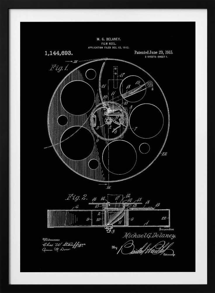 A framed black and white patent illustration for a film reel, invented by M. G. Delaney in 1912. The drawing, presented as a negative image with white lines on a black background, shows detailed schematics of the reel's mechanism from a top-down view (Fig. 1) and a cross-section (Fig. 2). Poster