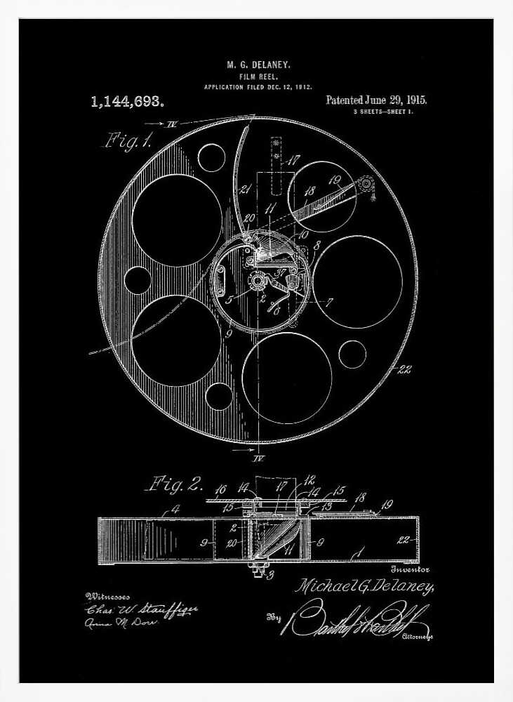 A framed black and white patent illustration for a film reel, invented by M. G. Delaney in 1912. The drawing, presented as a negative image with white lines on a black background, shows detailed schematics of the reel's mechanism from a top-down view (Fig. 1) and a cross-section (Fig. 2). Poster