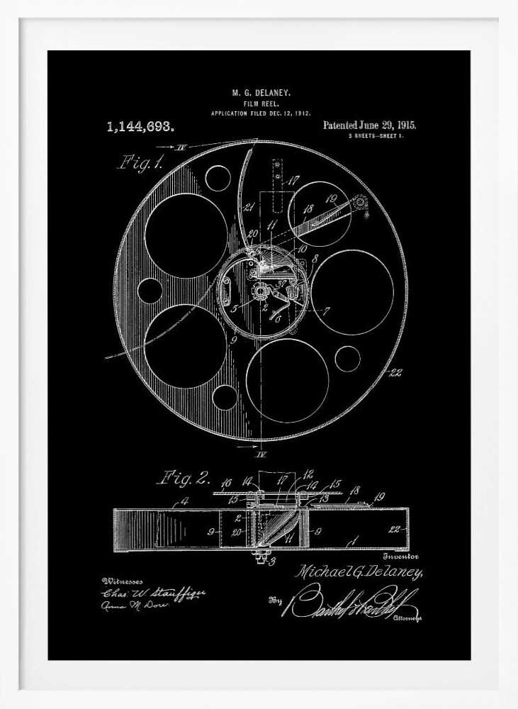 A framed black and white patent illustration for a film reel, invented by M. G. Delaney in 1912. The drawing, presented as a negative image with white lines on a black background, shows detailed schematics of the reel's mechanism from a top-down view (Fig. 1) and a cross-section (Fig. 2). Poster