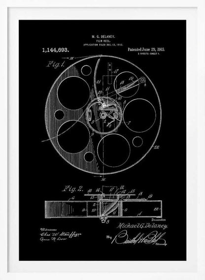 A framed black and white patent illustration for a film reel, invented by M. G. Delaney in 1912. The drawing, presented as a negative image with white lines on a black background, shows detailed schematics of the reel's mechanism from a top-down view (Fig. 1) and a cross-section (Fig. 2). Poster