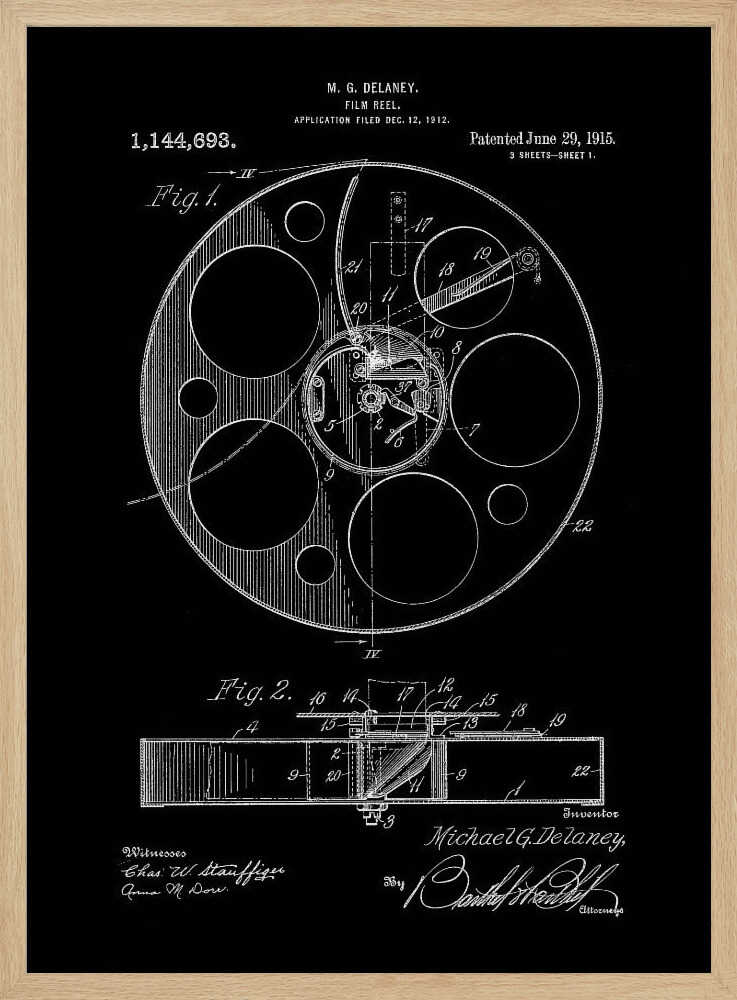 A framed black and white patent illustration for a film reel, invented by M. G. Delaney in 1912. The drawing, presented as a negative image with white lines on a black background, shows detailed schematics of the reel's mechanism from a top-down view (Fig. 1) and a cross-section (Fig. 2). Poster
