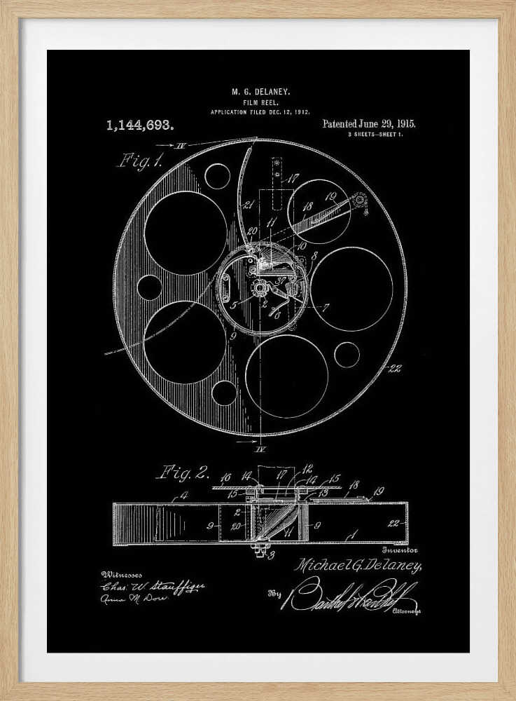 A framed black and white patent illustration for a film reel, invented by M. G. Delaney in 1912. The drawing, presented as a negative image with white lines on a black background, shows detailed schematics of the reel's mechanism from a top-down view (Fig. 1) and a cross-section (Fig. 2). Poster