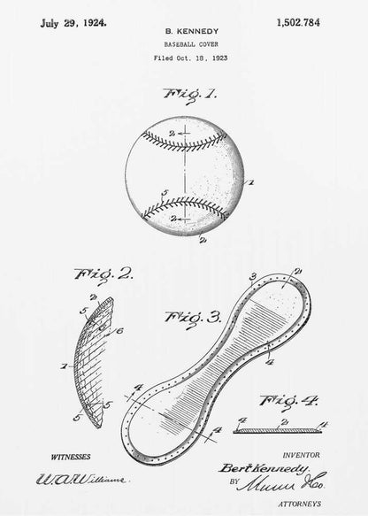 A framed black and white print of the 1924 U.S. patent for a baseball cover by inventor B. Kennedy. The diagram features several figures, including a detailed drawing of a baseball and the figure-eight shaped leather cover. Decor