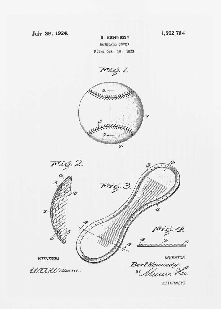 A framed black and white print of the 1924 U.S. patent for a baseball cover by inventor B. Kennedy. The diagram features several figures, including a detailed drawing of a baseball and the figure-eight shaped leather cover. Decor