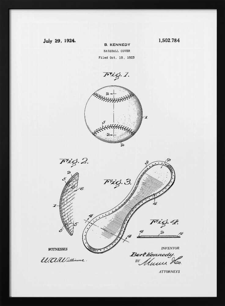 A framed black and white print of the 1924 U.S. patent for a baseball cover by inventor B. Kennedy. The diagram features several figures, including a detailed drawing of a baseball and the figure-eight shaped leather cover. Decor