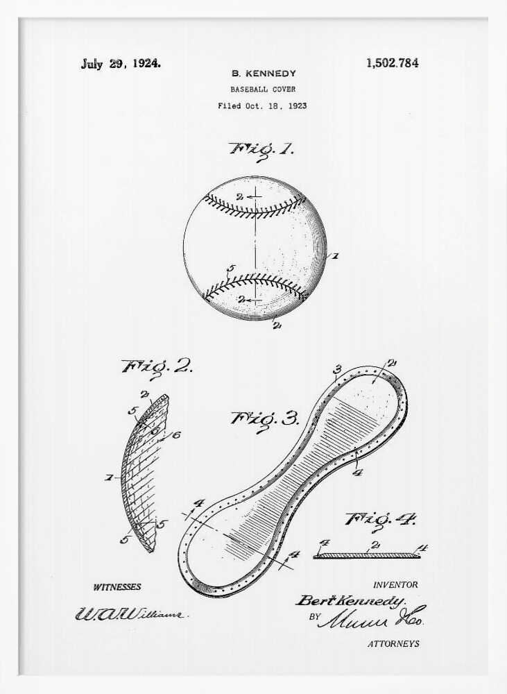 A framed black and white print of the 1924 U.S. patent for a baseball cover by inventor B. Kennedy. The diagram features several figures, including a detailed drawing of a baseball and the figure-eight shaped leather cover. Decor