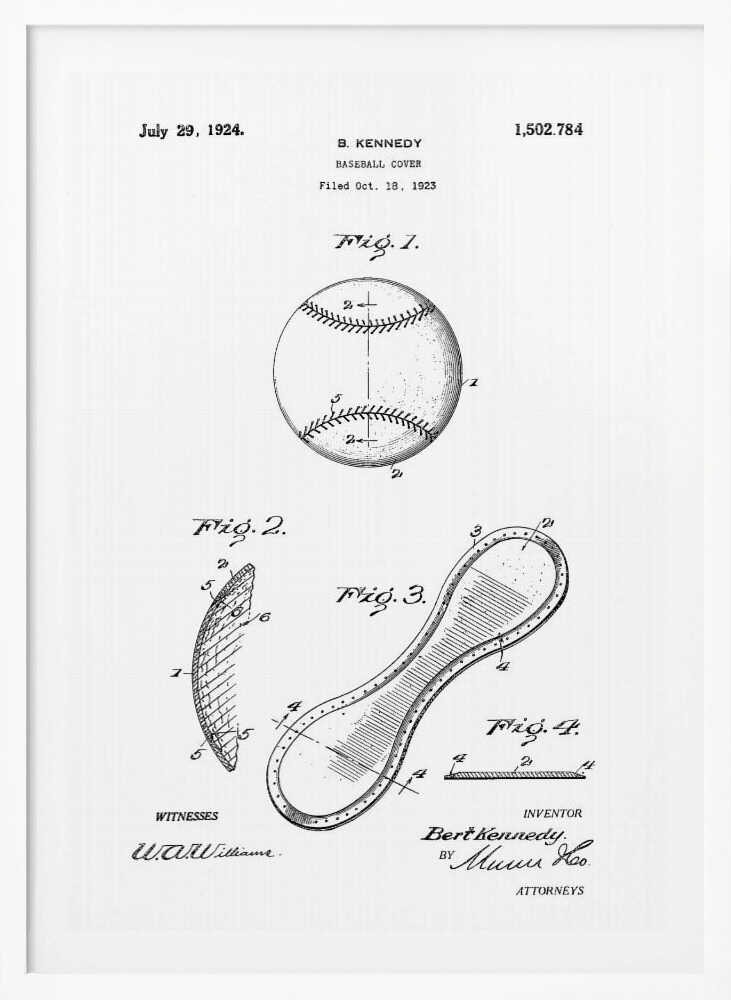 A framed black and white print of the 1924 U.S. patent for a baseball cover by inventor B. Kennedy. The diagram features several figures, including a detailed drawing of a baseball and the figure-eight shaped leather cover. Decor