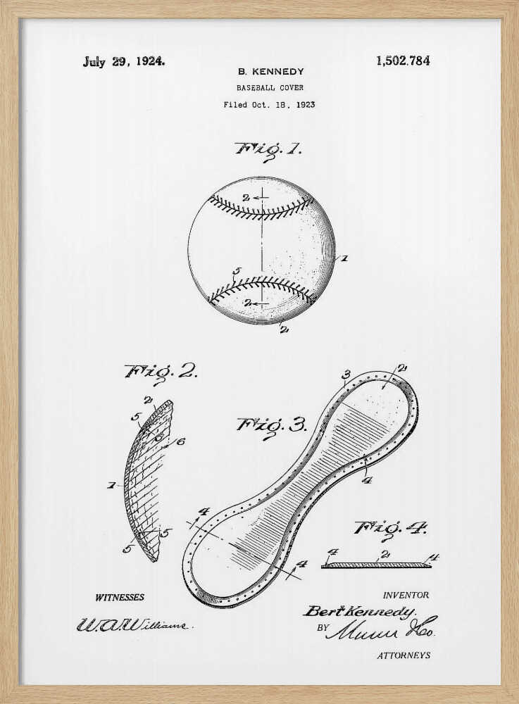 A framed black and white print of the 1924 U.S. patent for a baseball cover by inventor B. Kennedy. The diagram features several figures, including a detailed drawing of a baseball and the figure-eight shaped leather cover. Decor