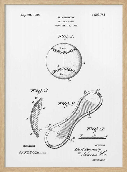 A framed black and white print of the 1924 U.S. patent for a baseball cover by inventor B. Kennedy. The diagram features several figures, including a detailed drawing of a baseball and the figure-eight shaped leather cover. Decor