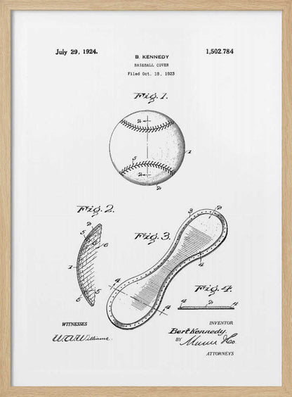 A framed black and white print of the 1924 U.S. patent for a baseball cover by inventor B. Kennedy. The diagram features several figures, including a detailed drawing of a baseball and the figure-eight shaped leather cover. Decor