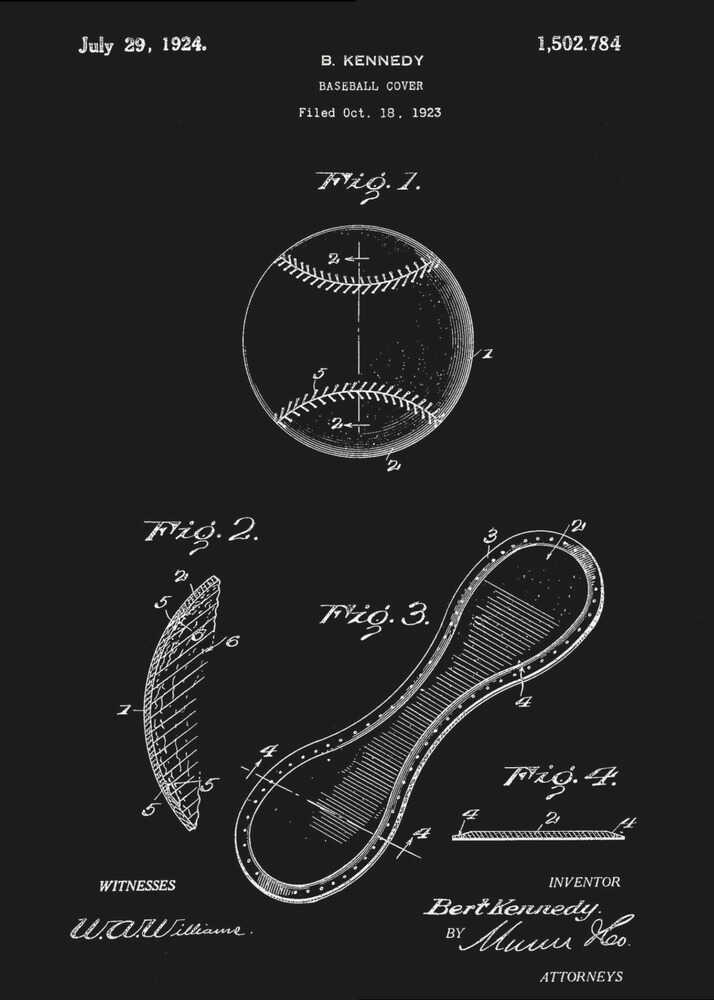A framed vintage patent illustration for a baseball cover, presented as a white-on-black blueprint. The poster displays technical drawings of a baseball and its figure-eight leather panel, with annotations, dates, and signatures from the original 1924 patent by B. Kennedy. Poster