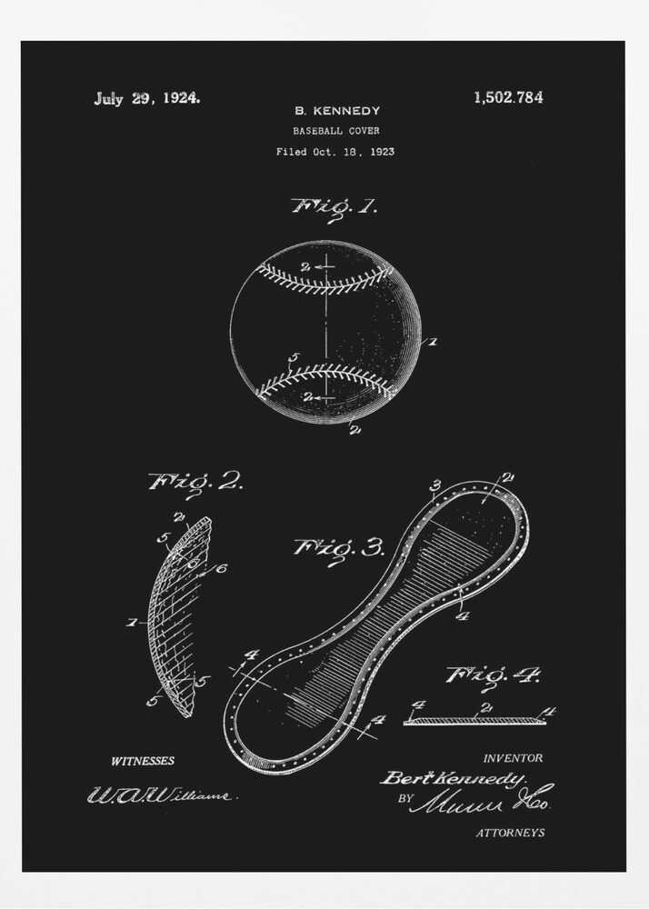 A framed vintage patent illustration for a baseball cover, presented as a white-on-black blueprint. The poster displays technical drawings of a baseball and its figure-eight leather panel, with annotations, dates, and signatures from the original 1924 patent by B. Kennedy. Poster