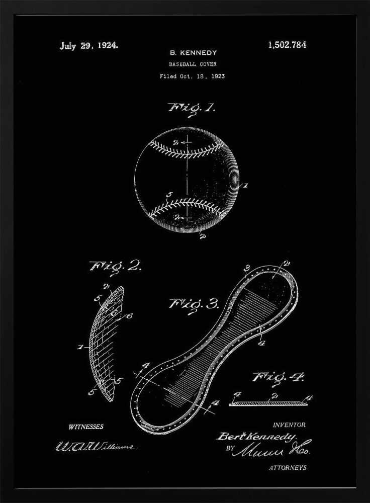 A framed vintage patent illustration for a baseball cover, presented as a white-on-black blueprint. The poster displays technical drawings of a baseball and its figure-eight leather panel, with annotations, dates, and signatures from the original 1924 patent by B. Kennedy. Poster