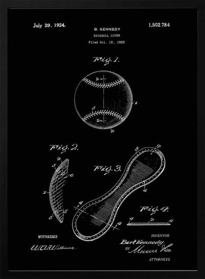 A framed vintage patent illustration for a baseball cover, presented as a white-on-black blueprint. The poster displays technical drawings of a baseball and its figure-eight leather panel, with annotations, dates, and signatures from the original 1924 patent by B. Kennedy. Poster