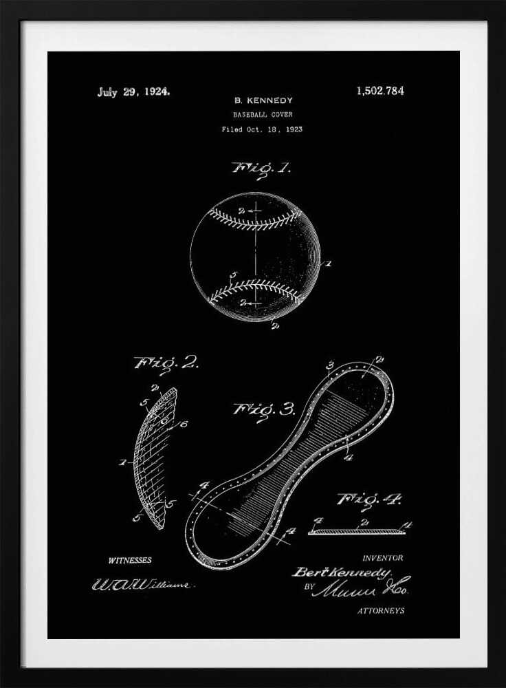 A framed vintage patent illustration for a baseball cover, presented as a white-on-black blueprint. The poster displays technical drawings of a baseball and its figure-eight leather panel, with annotations, dates, and signatures from the original 1924 patent by B. Kennedy. Poster