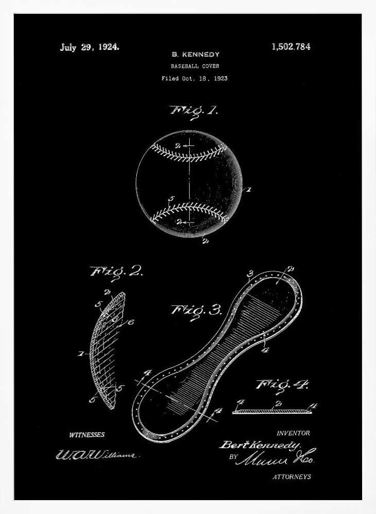 A framed vintage patent illustration for a baseball cover, presented as a white-on-black blueprint. The poster displays technical drawings of a baseball and its figure-eight leather panel, with annotations, dates, and signatures from the original 1924 patent by B. Kennedy. Poster