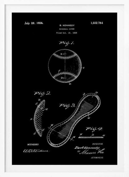 A framed vintage patent illustration for a baseball cover, presented as a white-on-black blueprint. The poster displays technical drawings of a baseball and its figure-eight leather panel, with annotations, dates, and signatures from the original 1924 patent by B. Kennedy. Poster