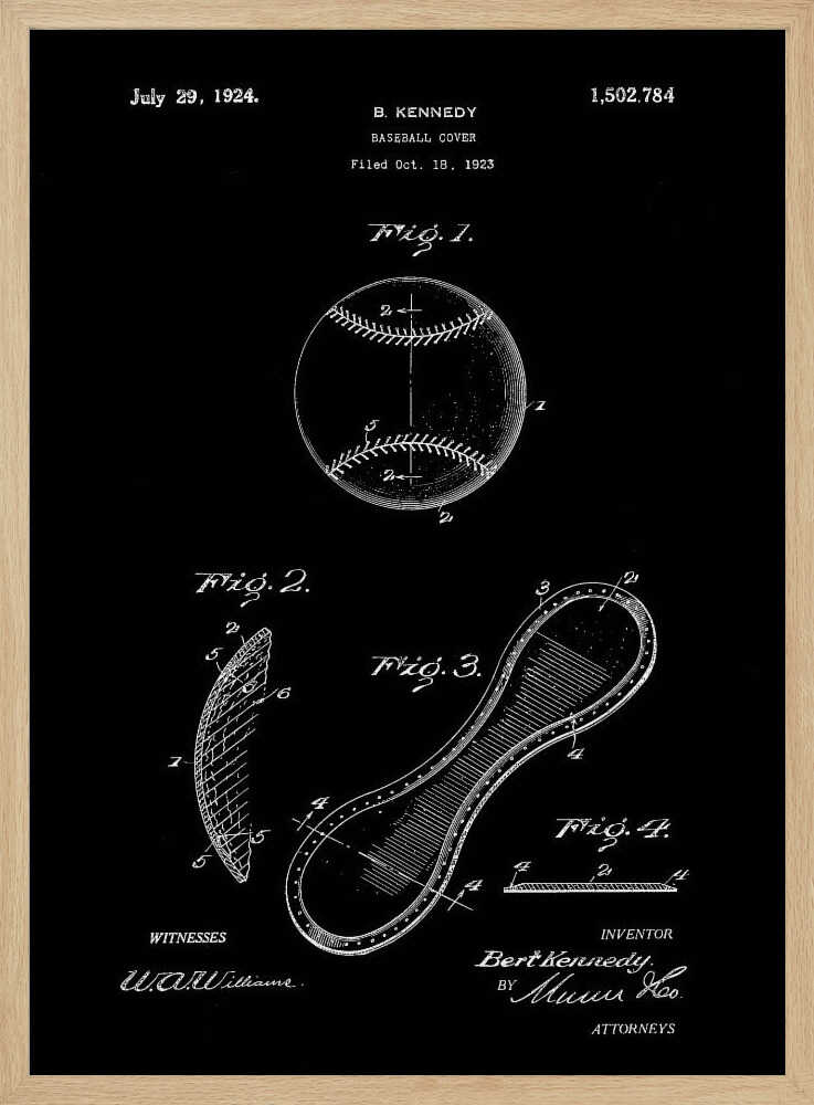 A framed vintage patent illustration for a baseball cover, presented as a white-on-black blueprint. The poster displays technical drawings of a baseball and its figure-eight leather panel, with annotations, dates, and signatures from the original 1924 patent by B. Kennedy. Poster