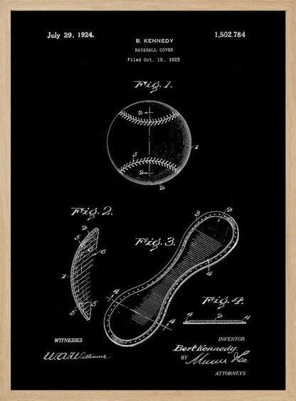 A framed vintage patent illustration for a baseball cover, presented as a white-on-black blueprint. The poster displays technical drawings of a baseball and its figure-eight leather panel, with annotations, dates, and signatures from the original 1924 patent by B. Kennedy. Poster