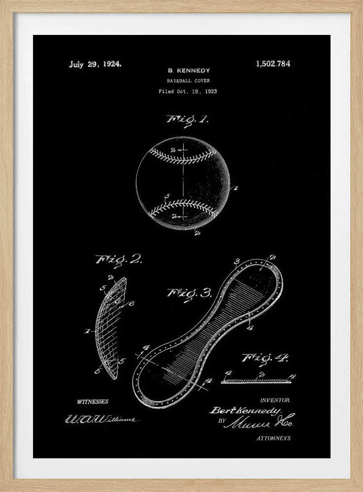 A framed vintage patent illustration for a baseball cover, presented as a white-on-black blueprint. The poster displays technical drawings of a baseball and its figure-eight leather panel, with annotations, dates, and signatures from the original 1924 patent by B. Kennedy. Poster