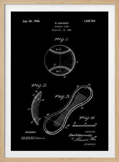 A framed vintage patent illustration for a baseball cover, presented as a white-on-black blueprint. The poster displays technical drawings of a baseball and its figure-eight leather panel, with annotations, dates, and signatures from the original 1924 patent by B. Kennedy. Poster