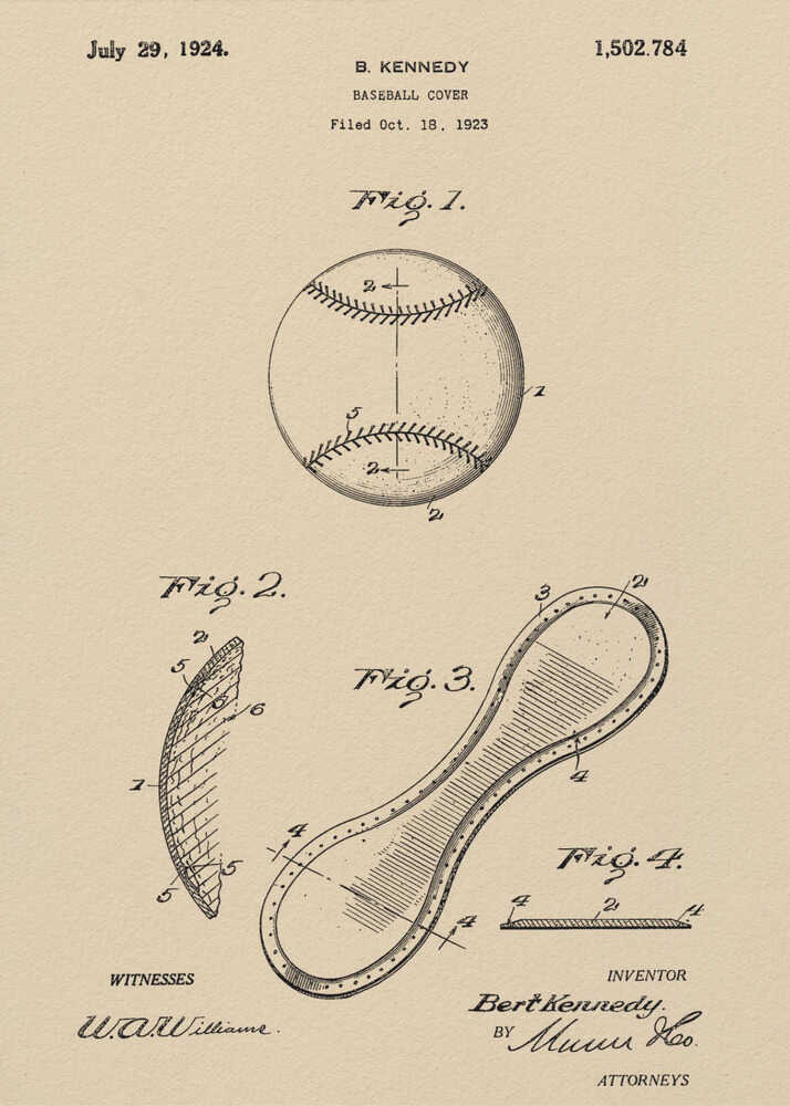 A framed vintage patent illustration for a baseball cover, dated July 29, 1924. The artwork, on a beige parchment background, shows technical drawings of a baseball and its figure-eight leather cover piece, with text and signatures. Artwork