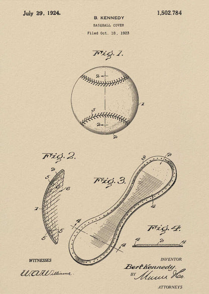 A framed vintage patent illustration for a baseball cover, dated July 29, 1924. The artwork, on a beige parchment background, shows technical drawings of a baseball and its figure-eight leather cover piece, with text and signatures. Artwork