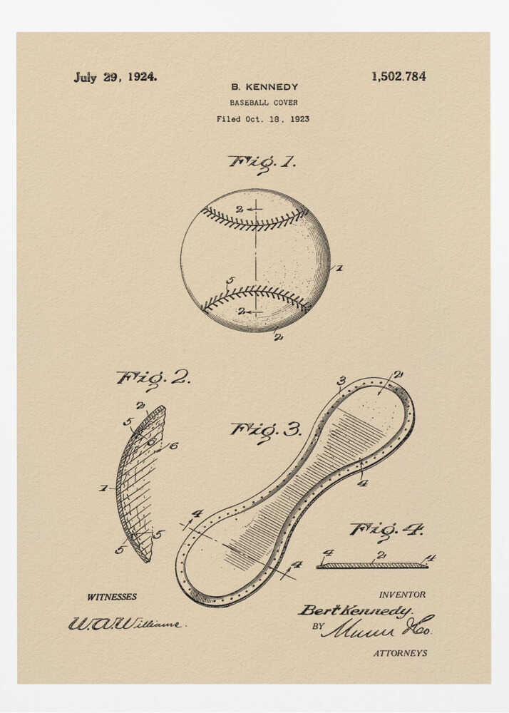 A framed vintage patent illustration for a baseball cover, dated July 29, 1924. The artwork, on a beige parchment background, shows technical drawings of a baseball and its figure-eight leather cover piece, with text and signatures. Artwork