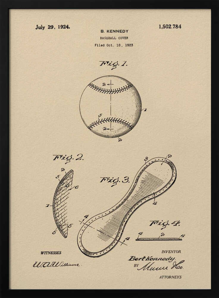 A framed vintage patent illustration for a baseball cover, dated July 29, 1924. The artwork, on a beige parchment background, shows technical drawings of a baseball and its figure-eight leather cover piece, with text and signatures. Artwork