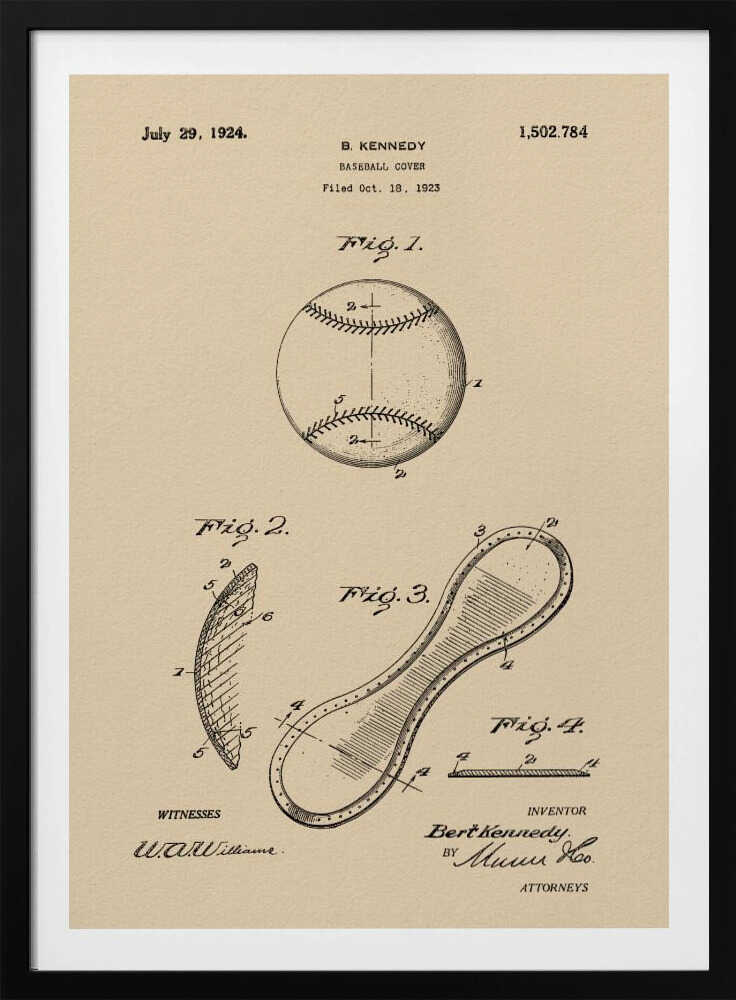 A framed vintage patent illustration for a baseball cover, dated July 29, 1924. The artwork, on a beige parchment background, shows technical drawings of a baseball and its figure-eight leather cover piece, with text and signatures. Artwork
