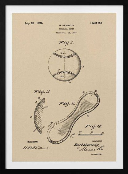 A framed vintage patent illustration for a baseball cover, dated July 29, 1924. The artwork, on a beige parchment background, shows technical drawings of a baseball and its figure-eight leather cover piece, with text and signatures. Artwork