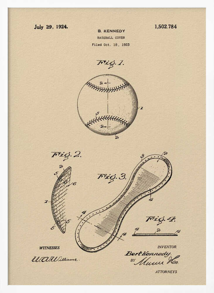 A framed vintage patent illustration for a baseball cover, dated July 29, 1924. The artwork, on a beige parchment background, shows technical drawings of a baseball and its figure-eight leather cover piece, with text and signatures. Artwork
