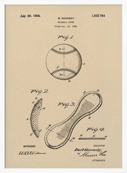 A framed vintage patent illustration for a baseball cover, dated July 29, 1924. The artwork, on a beige parchment background, shows technical drawings of a baseball and its figure-eight leather cover piece, with text and signatures. Artwork