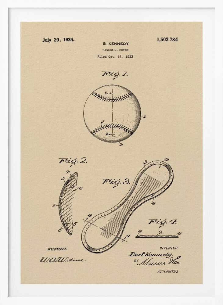 A framed vintage patent illustration for a baseball cover, dated July 29, 1924. The artwork, on a beige parchment background, shows technical drawings of a baseball and its figure-eight leather cover piece, with text and signatures. Artwork