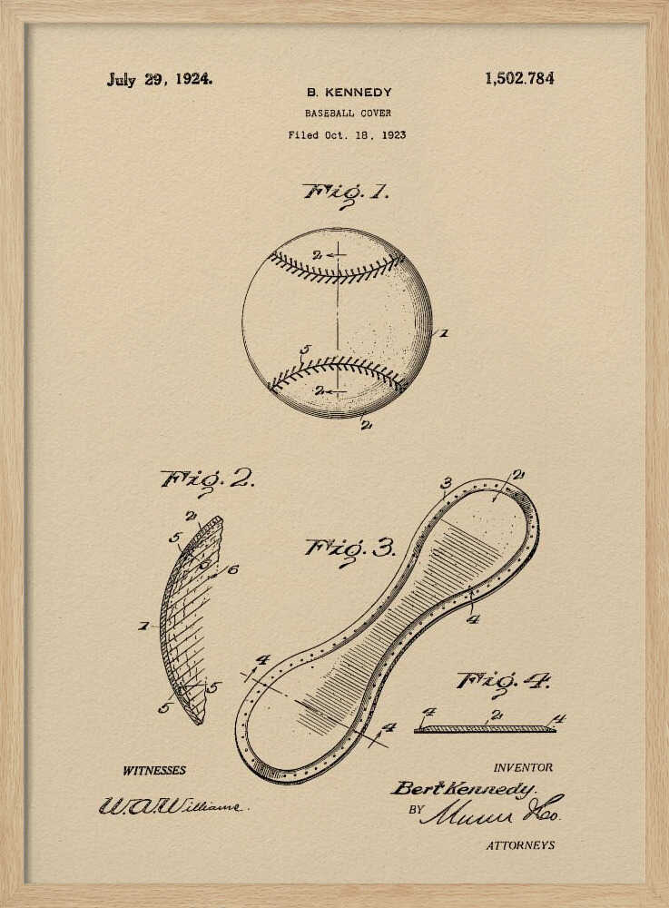 A framed vintage patent illustration for a baseball cover, dated July 29, 1924. The artwork, on a beige parchment background, shows technical drawings of a baseball and its figure-eight leather cover piece, with text and signatures. Artwork