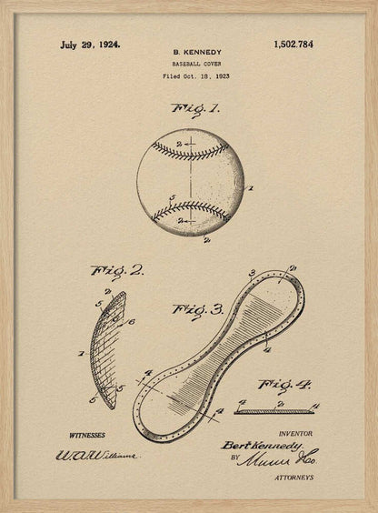 A framed vintage patent illustration for a baseball cover, dated July 29, 1924. The artwork, on a beige parchment background, shows technical drawings of a baseball and its figure-eight leather cover piece, with text and signatures. Artwork