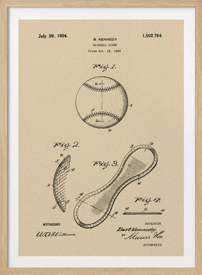 A framed vintage patent illustration for a baseball cover, dated July 29, 1924. The artwork, on a beige parchment background, shows technical drawings of a baseball and its figure-eight leather cover piece, with text and signatures. Artwork