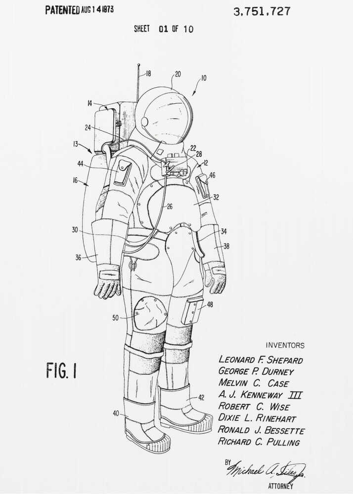A framed black and white print of a United States patent document for a space suit, dated August 14, 1973. The print features a detailed technical line drawing of an astronaut in a full space suit, with various parts labeled with numbers. Text at the top indicates it is patent number 3,751,727, and at the bottom lists the inventors. Print