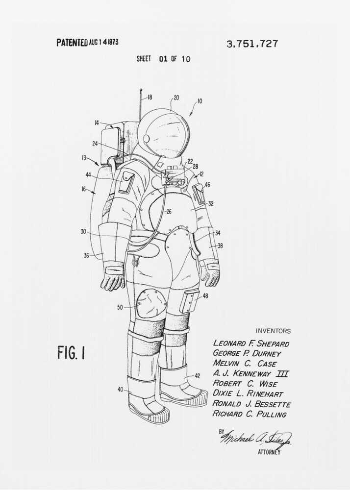 A framed black and white print of a United States patent document for a space suit, dated August 14, 1973. The print features a detailed technical line drawing of an astronaut in a full space suit, with various parts labeled with numbers. Text at the top indicates it is patent number 3,751,727, and at the bottom lists the inventors. Print