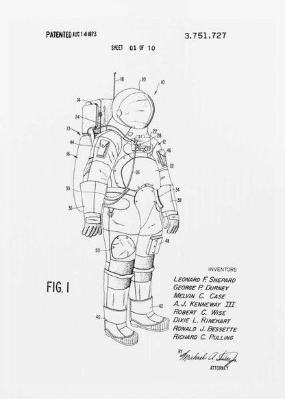 A framed black and white print of a United States patent document for a space suit, dated August 14, 1973. The print features a detailed technical line drawing of an astronaut in a full space suit, with various parts labeled with numbers. Text at the top indicates it is patent number 3,751,727, and at the bottom lists the inventors. Print